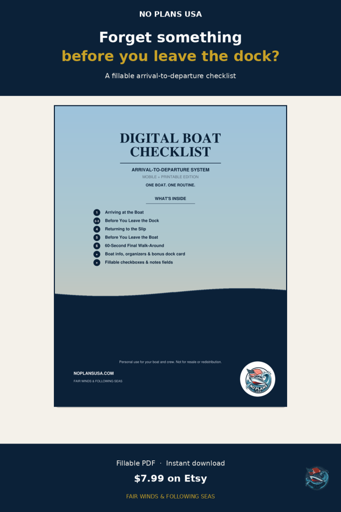 Cover of the No Plans USA digital boat checklist, a fillable arrival to departure list